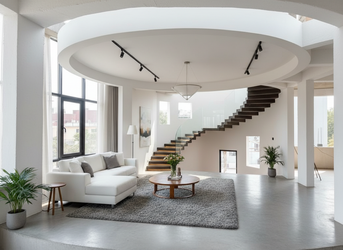 Modern interior with circular ceiling and spiral staircase